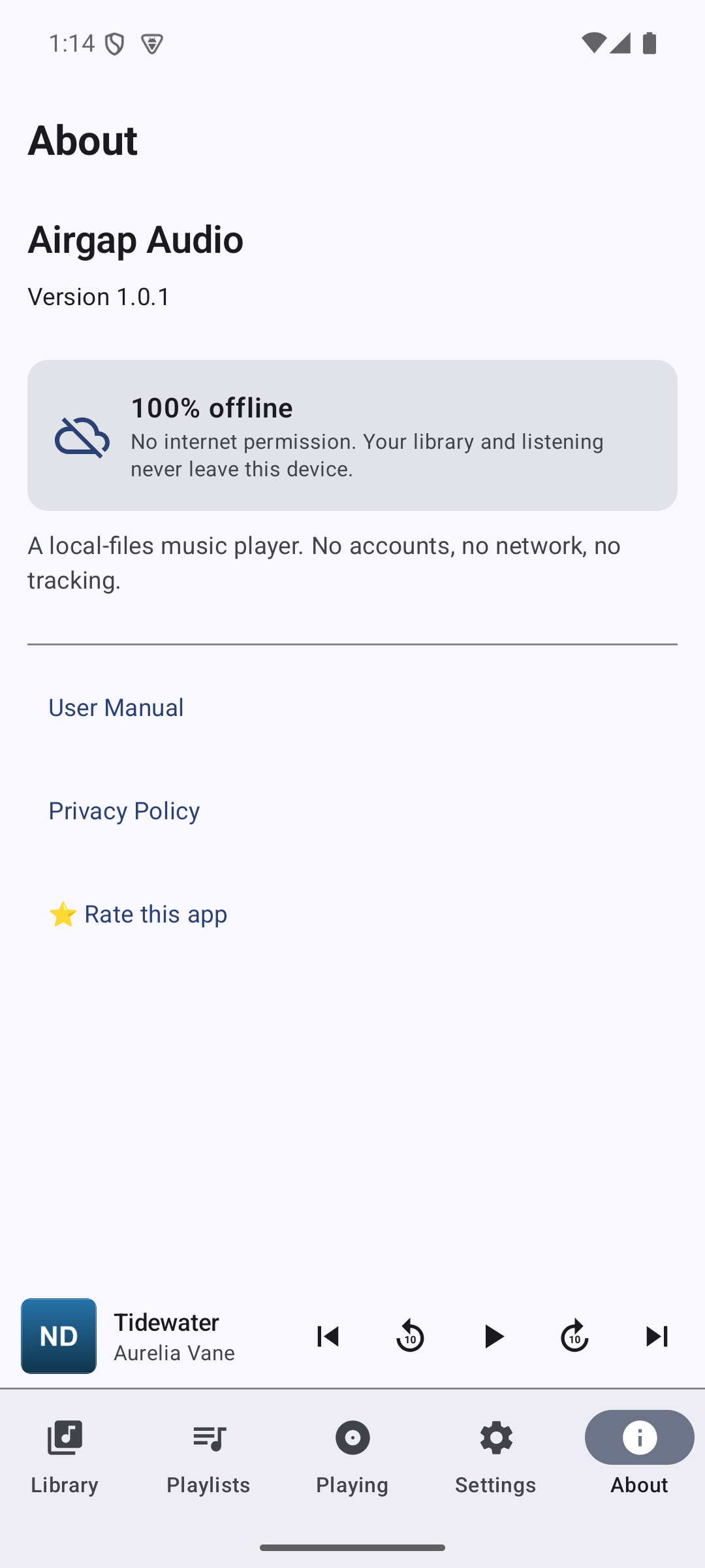 About tab showing app name and version, a 100% offline card, and User Manual, Privacy Policy, and Rate this app links