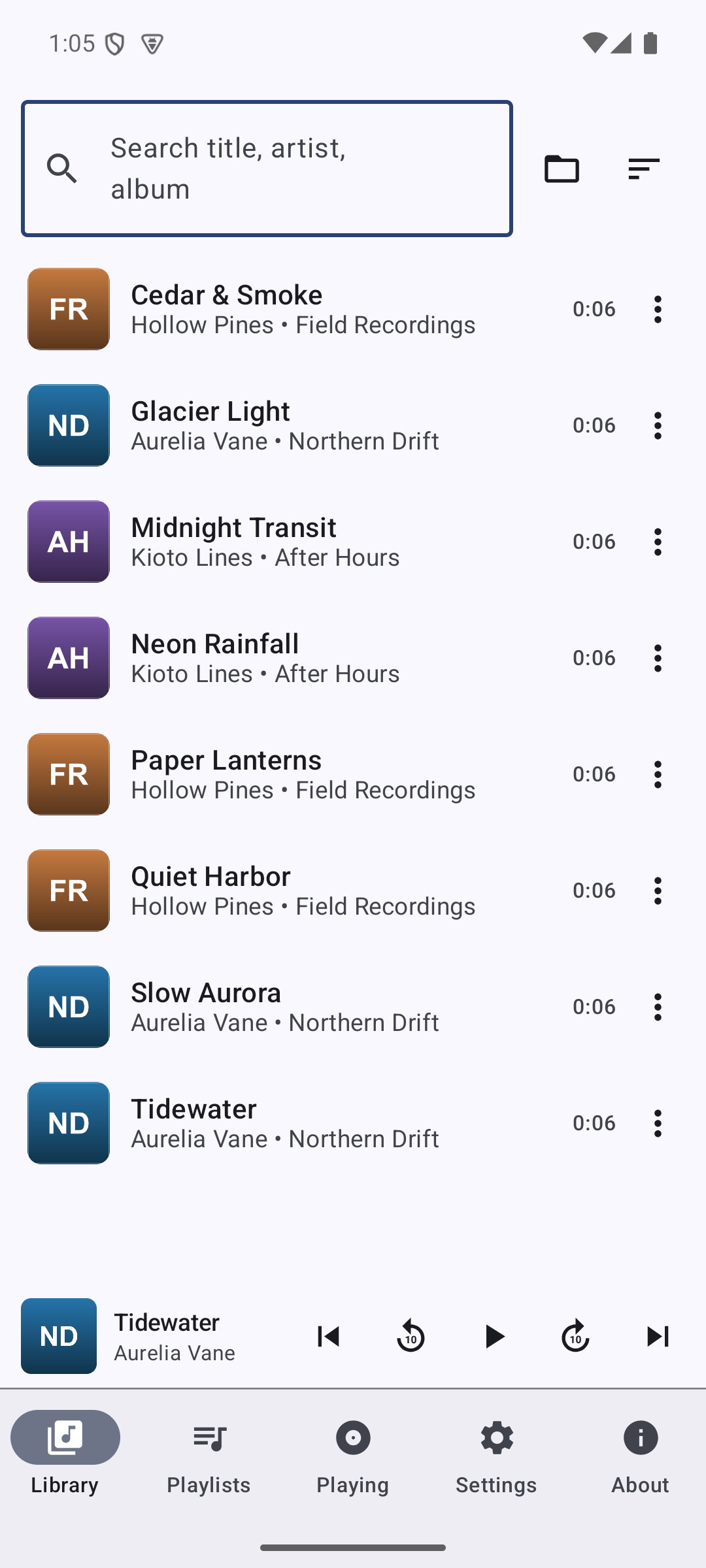 Library tab listing songs with album-colored thumbnails, a search box, and folder/sort controls