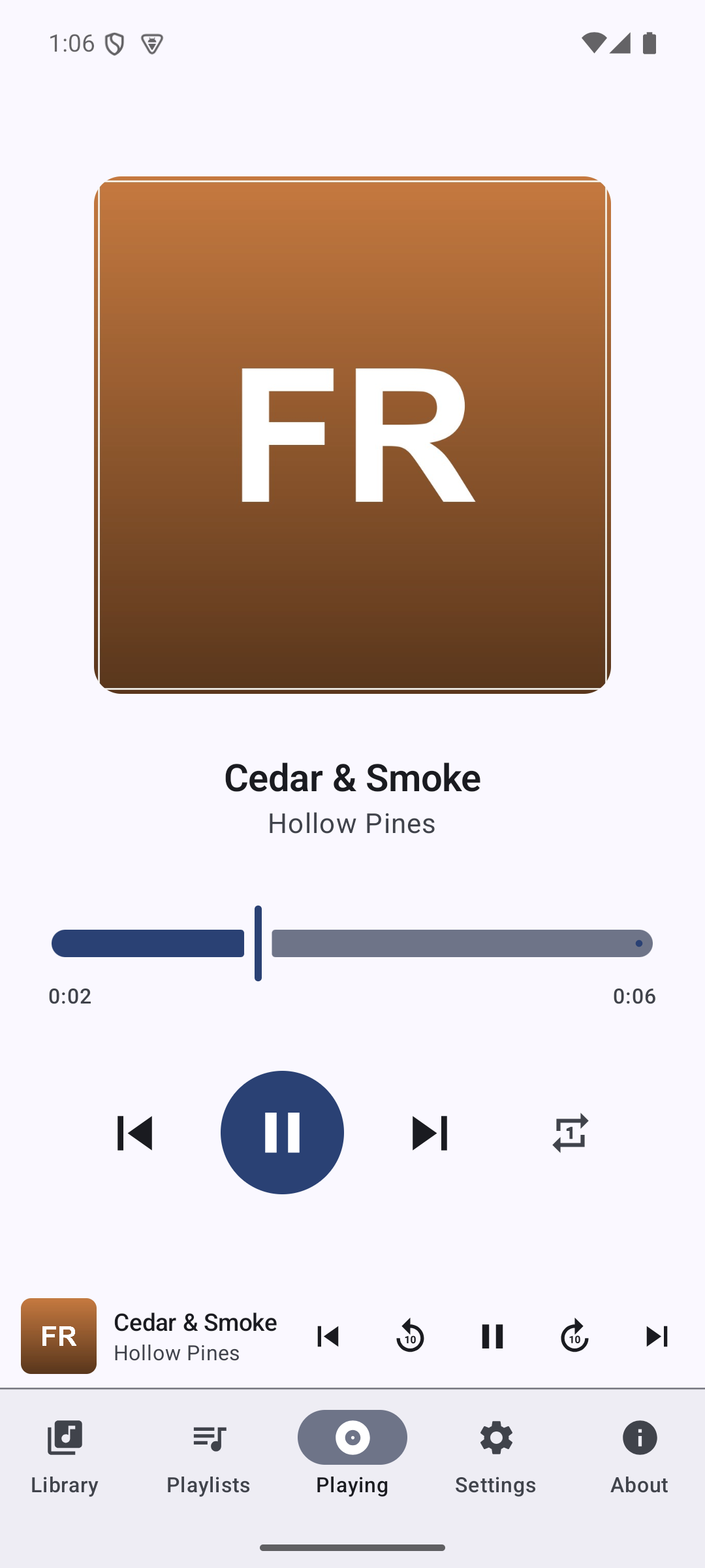 Playing tab showing large album art, track title and artist, a scrubbable progress bar, and playback controls