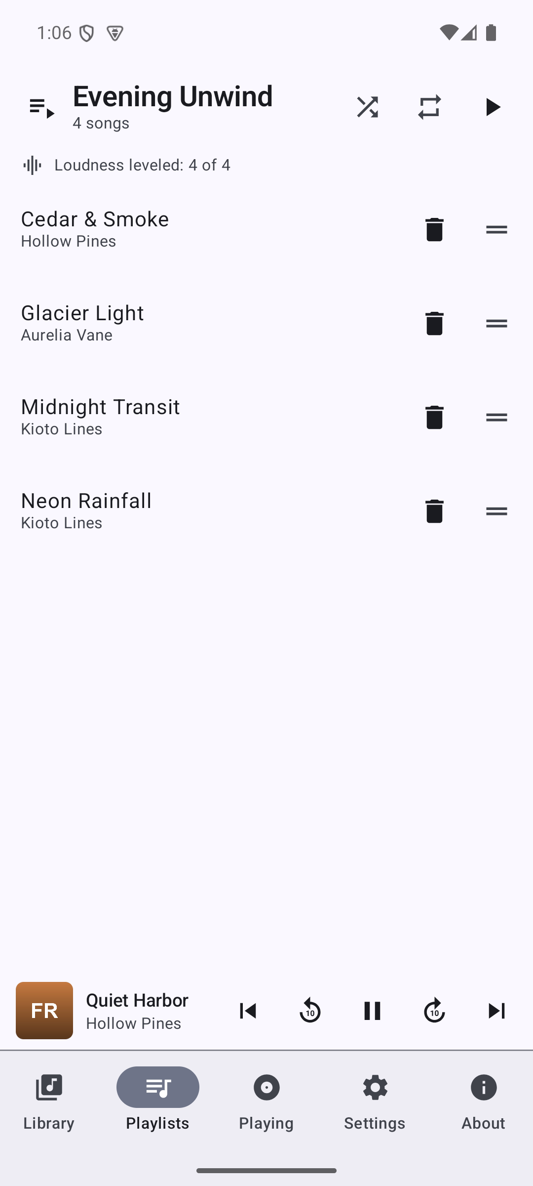 A playlist's detail view with shuffle, repeat, and play controls, a loudness-leveled row, and tracks with delete and drag-reorder handles