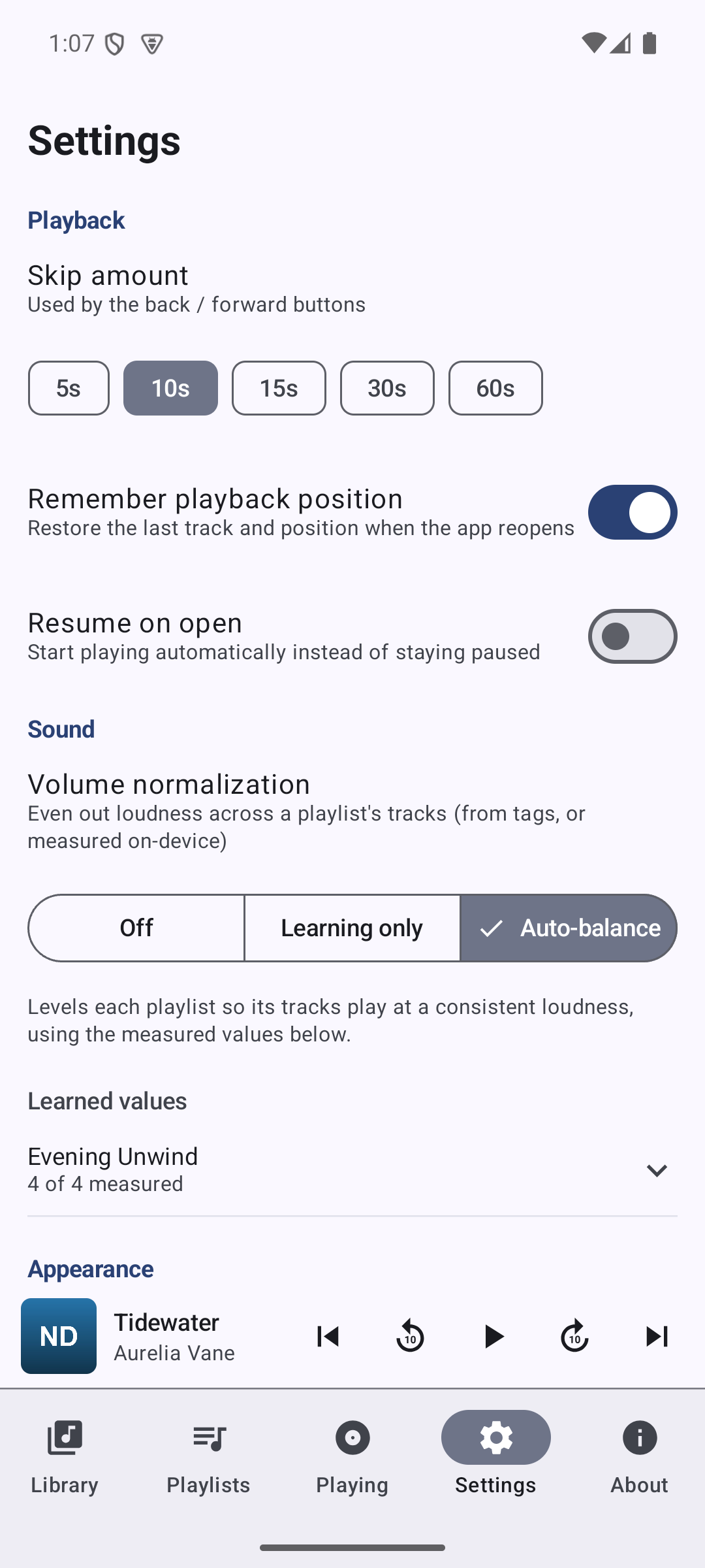 Settings tab showing Skip amount chips, Remember playback position and Resume on open toggles, and Volume normalization modes