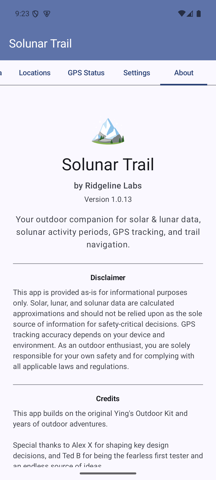 About tab showing app name, version, and disclaimer