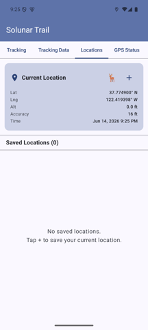 Locations tab showing current GPS coordinates and an empty saved locations list