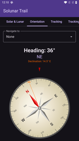Orientation tab with a compass rose, heading, and Navigate-to dropdown