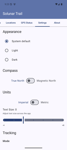 Settings tab showing Appearance, Compass, Units, and Text Size controls