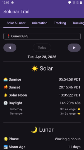 Solar & Lunar tab showing sunrise, sunset, solar noon, daylight hours, and lunar phase