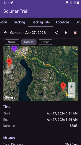 Tracking Data tab showing a saved track on a satellite map with stats