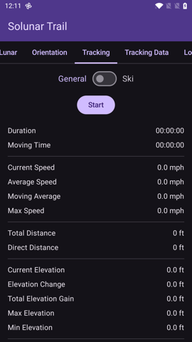 Tracking tab with Start button and zeroed live stats